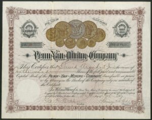 U.S.A: Penn Yan Mining Co., $5 shares, 1887