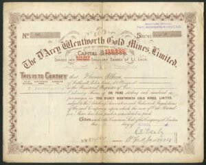 Australia: D'Arcy Wentworth Gold Mines Ltd., £1 shares, 1901, capital overprinted