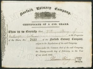 Norfolk Estuary Company, £50 share, 1847