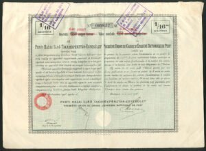 Hungary: Premiere Union de Caisse d'Epargne Nationale de Pest, 1/16th fractional share, 1925