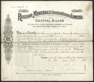 Russian Minerals (Societe d'Etudes) Ltd., ordinary shares, 1907