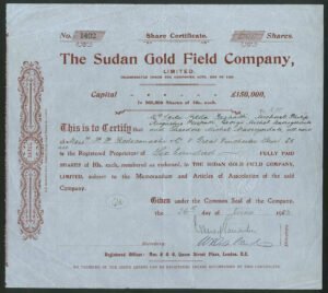 Sudan, Sudan Gold Field Co. Ltd., 10 shilling shares, 1923