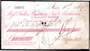 Messrs Fuller, Banbury, Nix & Mathieson, London, used cheque, 18[68/69].