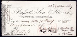 Bassett, Son, & Harris, Bankers, Dunstable, used cheque, 18[68]