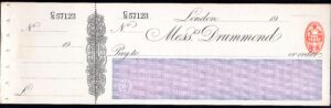 Messrs Drummond, London, 19[11], unused cheque with counterfoil.
