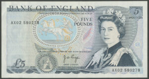 Bank of England, J.B. Page, 5 pounds, (1973), AR- to CX- mid series (EPM B336). EF.