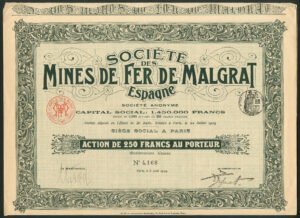 Spain: Société des Mines de Fer de Malgrat, 250 franc share, 1909