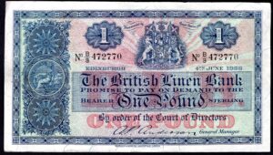 British Linen Bank, 1 pound, 4th June 1956, B/3 472770 (PMS BL65d). Crisp GVF.