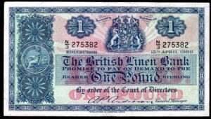 British Linen Bank, 1 pound, 15th April 1960, N/3 275382 (PMS BL65e). Crisp GVF.