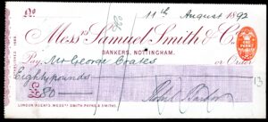 Samuel Smith & Co Bankers, Nottingham, used cheque, 18[89]-[98].