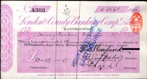 London & County Banking Co. Ltd., Eastbourne, 18[91], business size cheque - Image 1