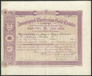 Rhodesia: Associated Rhodesian Gold Estates Ltd., 10 shilling shares, 1898