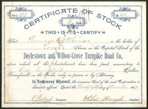 U.S.A - Pennsylvania: Doylestown and Willow-Grove Turnpike Road Co., capital stock, 1887