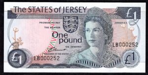 Jersey, States Issue, £1 (1976), last series, low number LB000252 (BYB JE12a). AU-UNC.