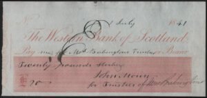 Western Bank of Scotland, used cheque, 18[41], long printers imprint