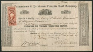 U.S.A: Pennsylvania: Germantown & Perkiomen Turnpike Road Co., $100 shares, 1870