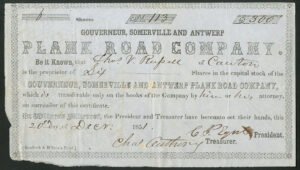 U.S.A: New York: Gouverneur, Somerville and Antwerp Plank Road Co., $50 shares, 1851
