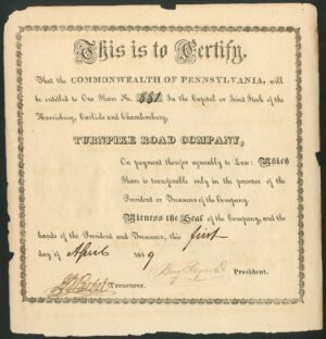 U.S.A: Harrisburg, Carlisle and Chambersburg Turnpike Road Co., one share, 1819