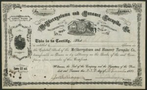 U.S.A: Pennsylvania: McSherrystown and Hanover Turnpike Co., $10 shares, 1889