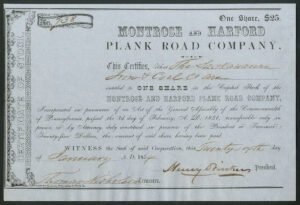 U.S.A: Pennsylvania: Montrose and Harford Plank Road Co., $25 shares, 1854