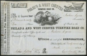 U.S.A: Pennsylvania: Philadelphia and West Chester Turnpike Road Co., $25 shares, 1858