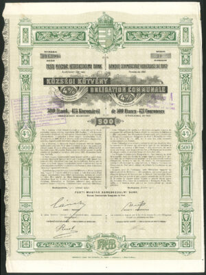 Hungary: Banque Commerciale Hongroise de Pest, 4% bond, 500 francs, 1911