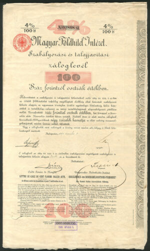 Hungary: Credit Foncier de Hongrie, 4% Loan, 1889, 100 forint