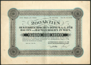 Austria: Oesterreichischen Domus AG fur Bauten und Baumaterialien, 200 shares, 1924