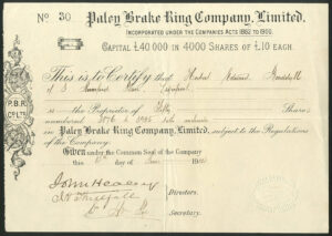Paley Brake Ring Co. Ltd., £10 shares, 1904