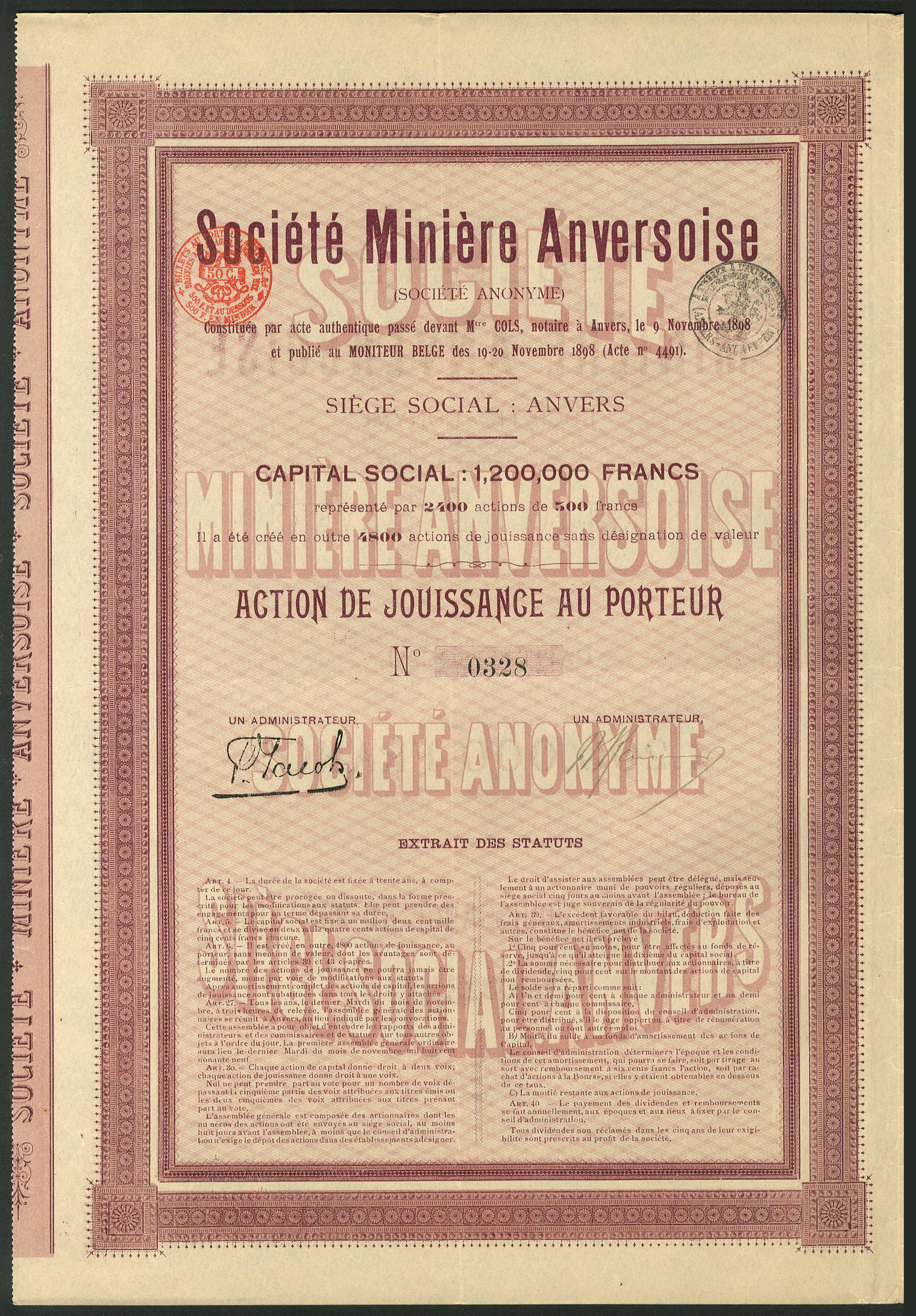 Belgium: Société Miniére Anversoise, 1 jouissance share, 1898