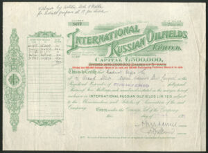 Russia: International Russian Oilfields Ltd., 5/- shares, 1919