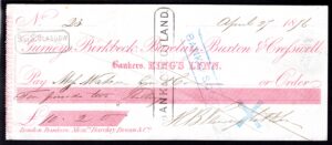 Gurneys, Birkbeck, Barclay, Buxton & Creswell, King's Lynn, used cheque, 18[76]