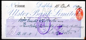 Ulster Bank Limited, Dublin, Pembroke branch, 128 Lower Bagott Street, used cheque,18[94].