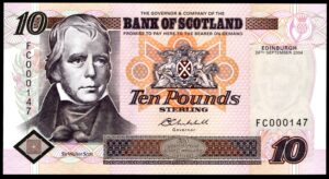Scotland, Bank of Scotland, £10, 24-9-2004, first series, very low number FC000147 (PMS BA123e). UNC.