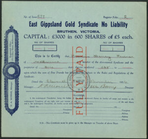 Australia: East Gippsland Gold Syndicate NL., £5 shares, 1936 - Image 1