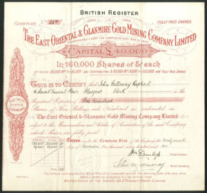 Australia: East Oriental & Glanmire Gold Mining Co. Ltd., 5/- shares, 1902