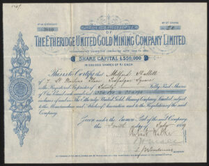 Australia: Etheridge United Gold Mining Co. Ltd., £1 shares, 1889