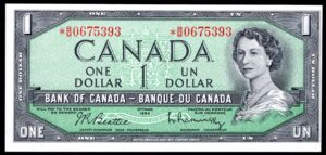 Canada, Bank of Canada, $1, 1954 (Issued 1961-72), replacement *B/M 0675393 (Pick 75b). UNC.