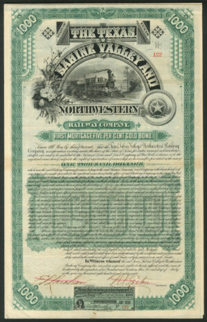 U.S.A.: Texas, Sabine Valley and Northwestern Railway Company. First Mortgage 5% Gold Bond, 1888, $1000 - Image 1