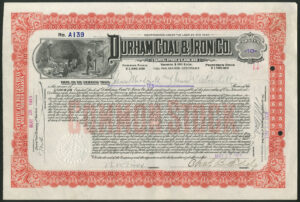 U.S.A.: Durham Coal & Iron Company, common stock certificate, 1911-1915