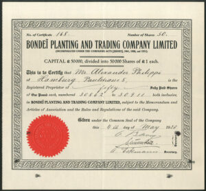 Tanzania: Bondeï Planting and Trading Co. Ltd., £1 shares, 1928