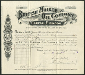 Russia: British Maikop Oil Co. Ltd., 2 shilling shares, 1910