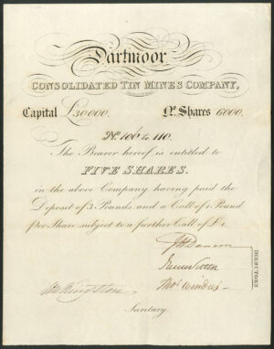 Dartmoor Consolidated Tin Mines Co., 5 shares, undated, circa 1825