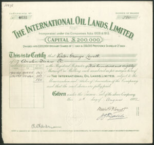 Trinidad, Canada & Egypt: International Oil Lands Ltd., 1/- ordinary shares, 1922
