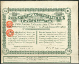 Russia: Maikop Spies Co. Ltd., 25 bearer shares of 10 shillings each, 1914