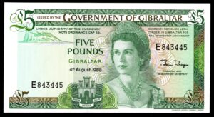Gibraltar, Government Issue, £5, 4-8-1988 (Pick 21b), E series, AU-UNC.