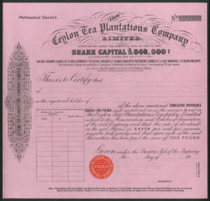 Ceylon: Ceylon Tea Plantations Co. Ltd., specimen Cumulative Preference shares, 19- circa 1920's