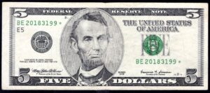 USA, Federal Reserve Note, $5, 1999, replacement BE 20183199* (WPM 505r). F-VF.