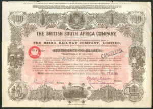 Mozambique/Rhodesia: Beira Railway Co. Ltd., 100 shares, 1930's, issued by The British South Africa Company