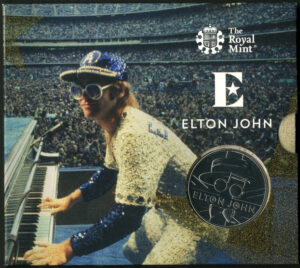 Elton John, Dodgers Stadium, £5 Brilliant Uncirculated coin pack, Royal Mint - Image 1